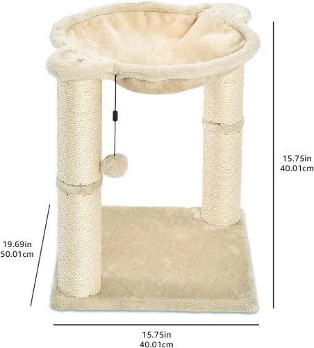 Vista 5 de Amazon Basics - Torre para gatos con hamaca y postes rascadores para gatos de interior, 15.8 x 15.8 x 19.7 pulgadas, beige