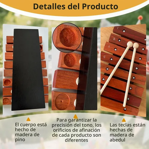 Vista 3 de Xilófono de madera de 8 notas con 2 mazos de madera, Glockenspiel de madera, regalo de cumpleaños, herramientas musicales, perfecto