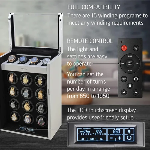 Vista 6 de TIMECUBE Enrollador de reloj para 12 relojes con luz interior y 4 ranuras de almacenamiento para relojes, Blanco, Compacto