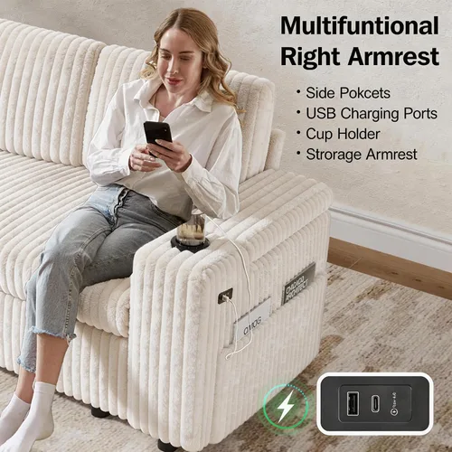 Vista 9 de Vipbear Sofá cama modular de 86 pulgadas con cama extraíble, sofá en forma de L de pana de felpa de 3 asientos con diván de almacenamiento, puertos
