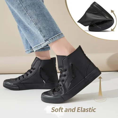Vista 3 de Moudki Tenis altos de piel sintética para mujer, zapatos altos casuales en blanco y negro, zapatos deportivos de moda para mujer con cordones