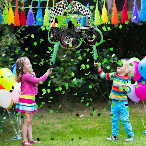 Vista 4 de Faccito Piñata de camión de carreras de monstruo con venda y palo, piñata de carreras pequeña verde para decoración de fiestas de niños, 14.1 x 12.6