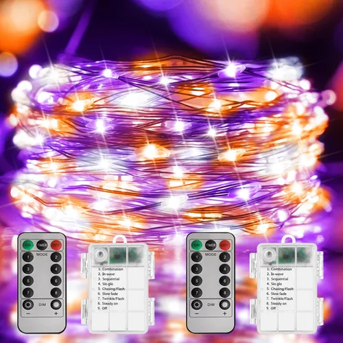 Vista 8 de Curyidy Luces de Decoración del 4 de Julio, Luces de Hadas Rojas Blancas y Azules Paquete de 2 Cadenas de 100 LED con Control Remoto Luces