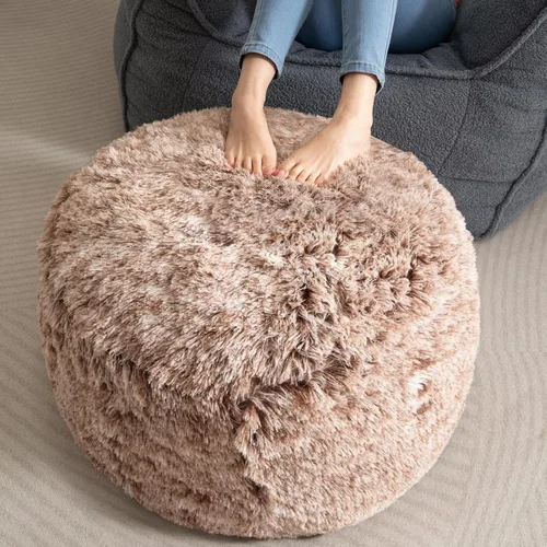 Vista 13 de HIGOGOGO Puf Otomán Redondo Relleno, Pufs Largos de Piel Sintética con Relleno de Trozos de Espuma, Puf Reposapiés Esponjoso y Peludo Otomán