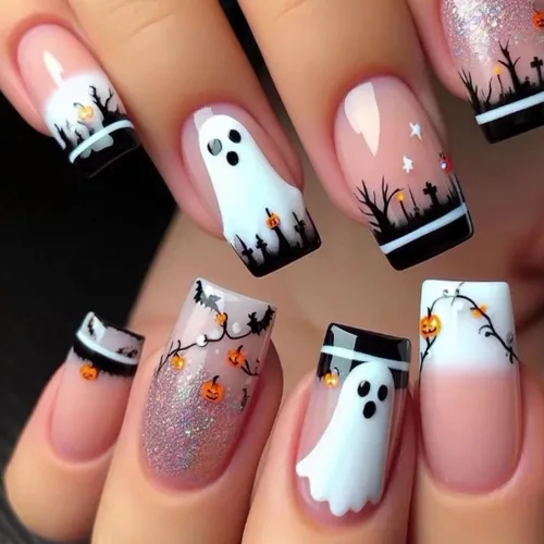 Vista 30 de MISUD Uñas a presión – Uñas cuadradas largas con pegamento rosa y negro, acrílico Y2K diseño de dijes de 24 piezas