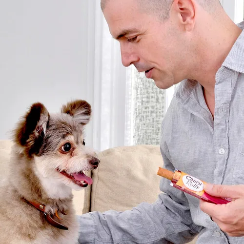 Vista 4 de INABA Churu Rollos para perros, golosinas suaves y masticables envueltas de pollo al horno, 0.42 onzas cada tubo, 48 tubos en total, receta de pollo
