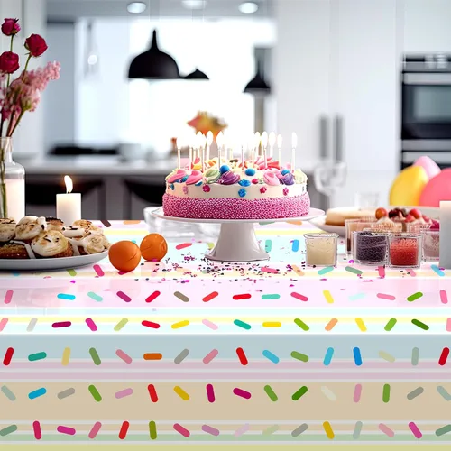 Vista 5 de Mindsoft 3 piezas de decoración de fiesta de cumpleaños con diseño de helado y sprinkles, mantel desechable con diseño de dona, mantel de plástico