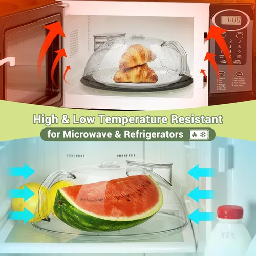 Vista 6 de Cubierta antisalpicaduras para microondas para alimentos, tapa transparente con vaporizador de agua, asa integrada, protector contra salpicaduras