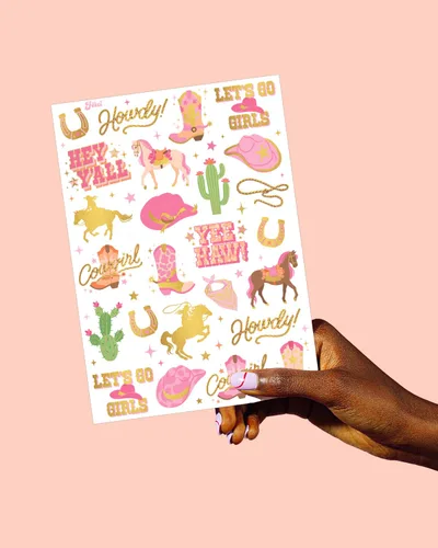 Vista 5 de xo, Fetti Cowgirl 100 tatuajes temporales de lámina dorada Decoraciones de fiesta de cumpleaños, accesorio de vaquera Giddy Up, recuerdo temático
