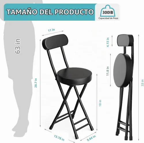 Vista 3 de Taburete plegable, taburete de bar plegable acolchado acolchado, 18 pulgadas de altura negra, taburete portátil resistente con capacidad de 300