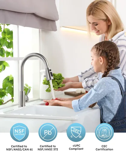 Vista 2 de WOWOW Grifo de cocina con rociador, grifo de fregadero de cocina, acero inoxidable SUS 304, grifo de cocina de níquel cepillado de arco alto