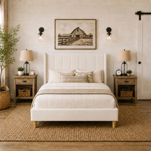 Vista 26 de Upholstered Bed Frame with Wingback Headboard and Wood Slats (Beige-Linen, Twin)