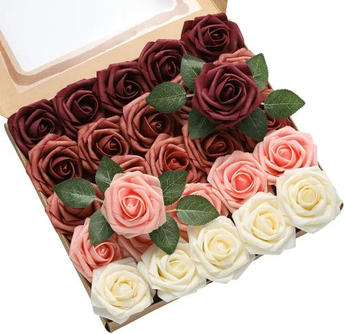 Vista 9 de DerBlue 60 rosas artificiales de aspecto real, rosas artificiales de espuma para decoración de bodas, arreglos, fiestas, decoración del hogar