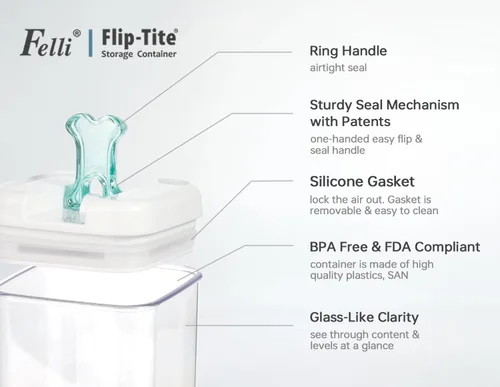 Vista 5 de Felli Flip Tite Contenedor de comida para mascotas con tapas herméticas, recipiente acrílico libre de BPA con asas de hueso de pata de pescado
