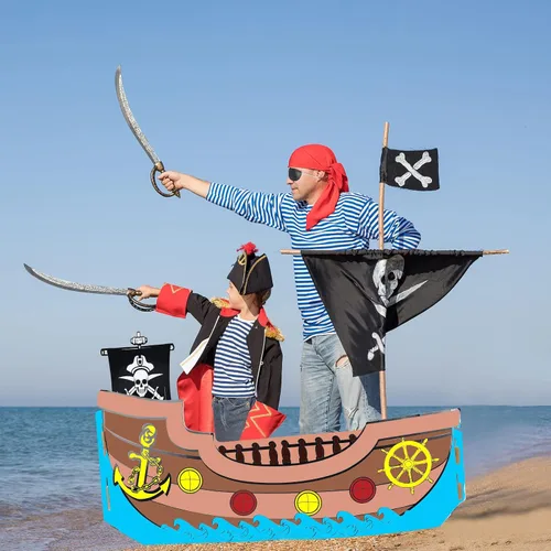 Vista 7 de Eaasty Colorear barco pirata de cartón, barco de cartón, casa de juegos para niños, manualidades, bricolaje, niños grandes, casa de juegos al aire