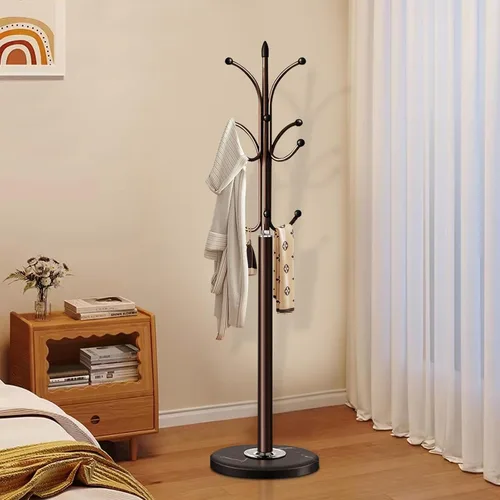 Vista 9 de Perchero de metal con base de mármol natural, perchero independiente, árbol de pasillo resistente con 12 ganchos para colgar ropa, bolsos, bufandas