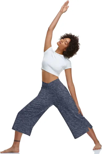 Vista 4 de TARSE - Pantalones capri de pierna ancha para mujer, pantalones de yoga casuales, cruzados, de cintura alta, sueltos, suaves, con bolsillos