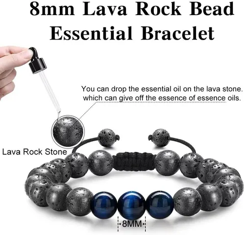 Vista 5 de Pulseras de cuentas con iniciales para hombres, regalos de 0.315 in, ojo de tigre, piedra de lava y roca para hombre, pulsera de cuentas de yoga