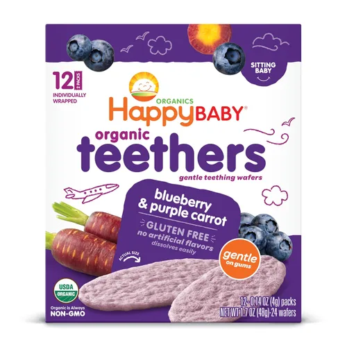 Vista 6 de Happy Baby Mordedores orgánicos, plátano y batata, obleas de dentición suaves, paquetes, galletas de arroz calmantes para bebés de dentición, 2