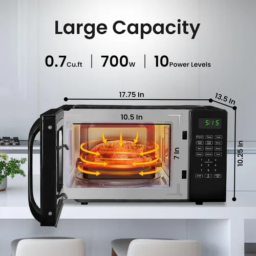 Vista 2 de Encimera de microondas pequeña de 0.7 pies cúbicos con pantalla digital, microondas de 700 vatios negro tiene 10 niveles de potencia y función
