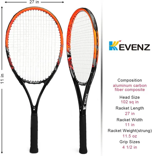 Vista 2 de KEVENZ Raqueta de tenis para adultos, raqueta de tenis de fibra de carbono con bolsa de transporte, peso ligero y resistente a los golpes