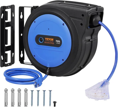 Vista 19 de VEVOR Carrete de cable de extensión retráctil, 30 pies, carrete de cable de alimentación retráctil resistente 16AWG/3C SJTOW con toma triple