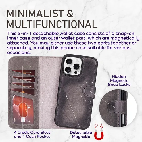 Vista 93 de Bayelon Funda tipo cartera para iPhone 15 Pro, cartera de cuero de grano completo, funda magnética desmontable, tarjetero, funda tipo cartera