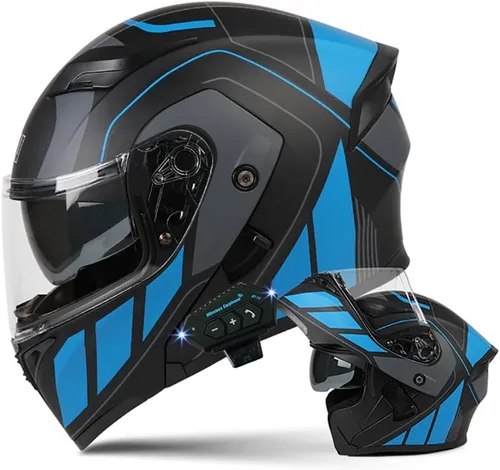 Vista 12 de Casco de motocicleta modular Bluetooth con aprobación DOT, antiempañamiento, doble visera, cara completa, abatible, con altavoz y micrófono