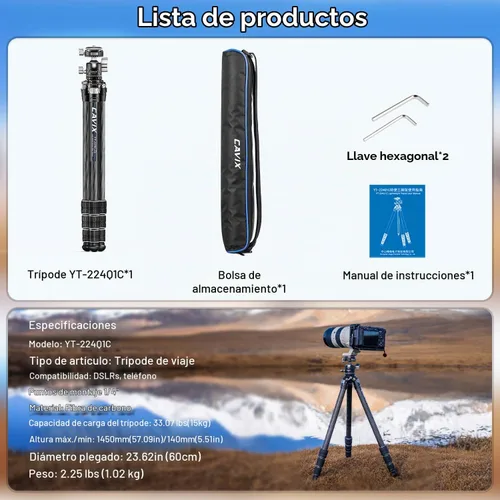 Vista 8 de CAVIX Trípode de fibra de carbono de 57 pulgadas/57.1 in, trípode ligero para cámara, cabezal de bola de trípode panorámico de 360°, placa QR Arca