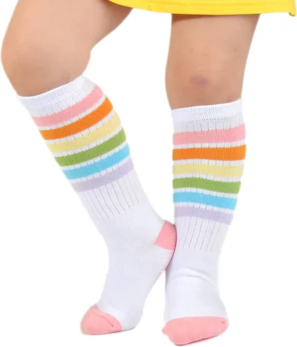 Vista 6 de EPEIUS Calcetines altos a la rodilla con rayas arco iris para bebé, medias de tubo antideslizantes, calcetines de fútbol para niños pequeños y niños
