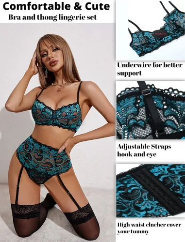 Vista 4 de Avidlove - Conjunto de lencería para mujer de cintura alta, lencería con cinturón, lencería