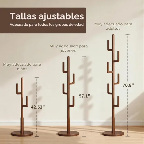 Vista 3 de Perchero independiente de cactus de madera maciza con 6 ganchos en forma de L y 3 tamaños ajustables, perchero para dormitorio, entrada, sala