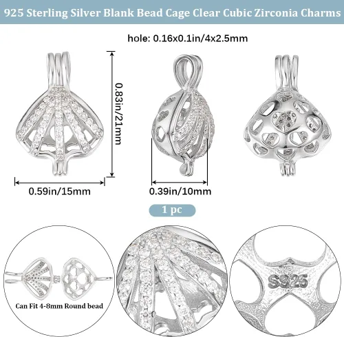 Vista 2 de Beebeecraft Jaula de perlas de plata de ley con forma de concha de mar, dije de jaula con circonita cúbica para pulseras, collares, aretes, joyería