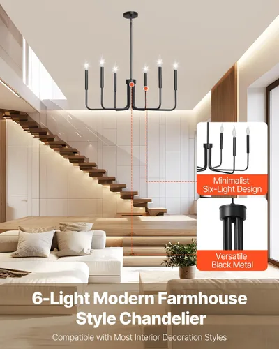 Vista 2 de VEVOR Candelabro de 6 Luces, Candelabro de Metal Estilo Granja, Altura Ajustable, Lámpara Colgante de Comedor para Techos, Candelabro Moderno