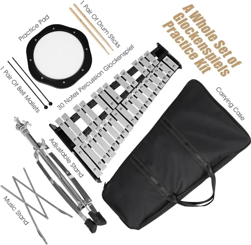 Vista 2 de Giantex Kit de campana de percusión Glockenspiel de 30 notas con estuche de transporte, almohadilla de práctica, soporte de altura ajustable, mazos