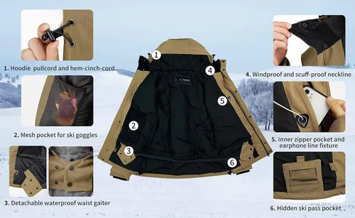 Vista 5 de Actleis Chaqueta de snowboard impermeable para hombre, abrigo de nieve de esquí cálido y resistente al viento con capucha