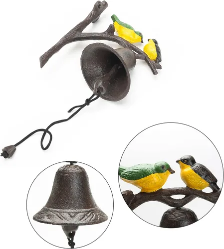 Vista 3 de Sungmor Campana de cena de hierro fundido, campana de puerta exterior de granja, campana colgante de pared, antiguo color encantador pájaros Forma B