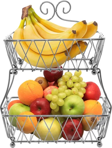 Vista 10 de Sorbus Soporte de exhibición de cesta de frutas, 2 niveles, para almacenamiento de verduras, frutas y pan para cocina, baño, rectangular de metal