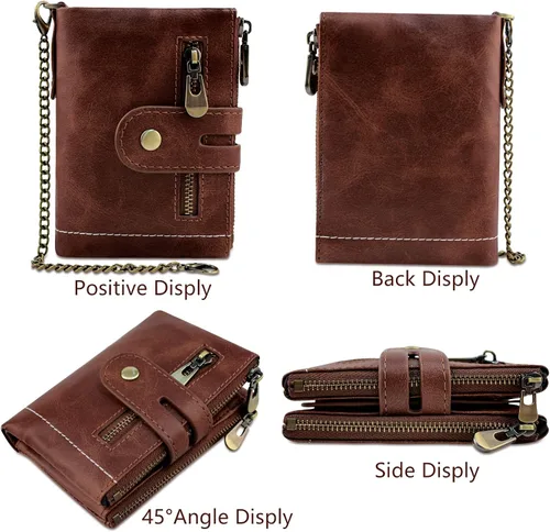 Vista 5 de iSamzan Billeteras de cuero para hombre, con bloqueo RFID, con doble cremallera, bolsillo para monedas con cadena antirrobo, carteras