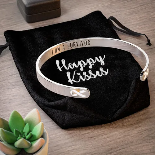 Vista 4 de Happy Kisses Pulsera de concientización sobre el cáncer cinta, "Funk Cancer" & I Am Survivor Regalo para mujeres y hombres, Metal