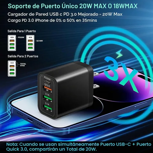 Vista 3 de [Paquete de 4] Cargador de pared USB-C, adaptador de corriente rápido 3.0+ Negro