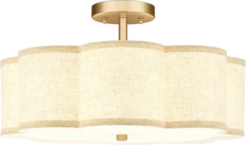 Vista 24 de Lámpara de Techo Semiempotrada Dorada, 3 Luces Accesorios de Iluminación de Techo de 12.5" con Pantalla de Tela en Forma de Flor, Luces de Tambor