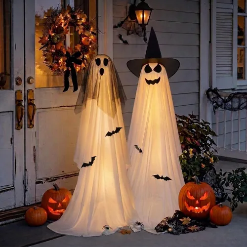 Vista 10 de Minetom 2 Pack Outdoor Halloween Ghost Decorations, Light Up Ghosts 2 witch hats