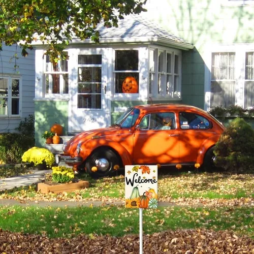 Vista 5 de Letrero de bienvenida de otoño de 4.6 x 6 pulgadas para patio con estaca, letrero de aluminio resistente sin óxido, letreros decorativos de otoño S1