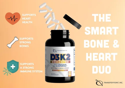 Vista 5 de D3K2 mejorado con calcio y bioperine® - 5000 UI de vitamina D3 + 100 mcg de vitamina K2 MK-7 - Fórmula una vez al día, 60 cápsulas