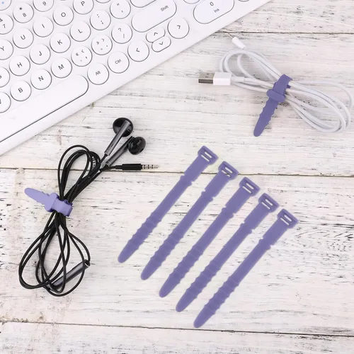 Vista 6 de NQEUEPN 20 bridas reutilizables de silicona púrpura liberables, correas organizadoras de cables, bridas elásticas de gestión de cables