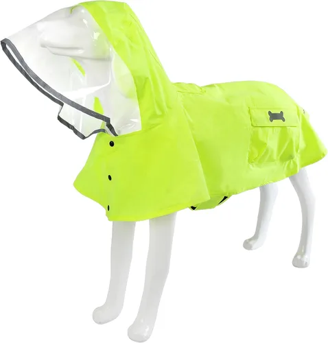 Vista 11 de Impermeable para perro con poncho con capucha, chaqueta de lluvia amarilla ajustable de alto reflejo, con agujero para correa para perros pequeños