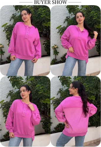 Vista 54 de AlvaQ - Sudadera de gran tamaño para mujer, informal, de manga larga, con botones y cuello Henley, tipo túnica