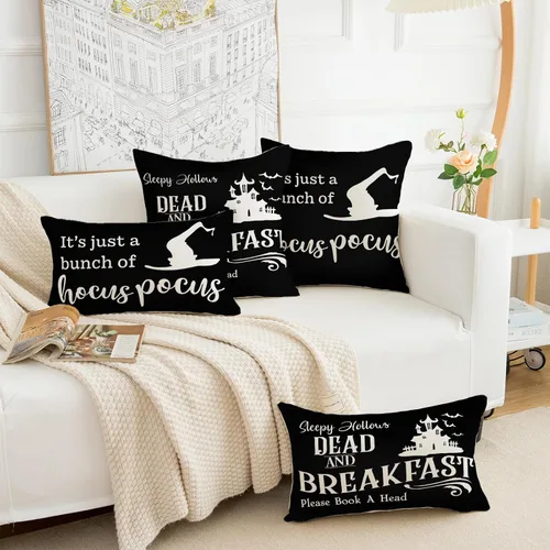 Vista 5 de Juego de 2 fundas de almohada de Halloween de 12 x 20 pulgadas, fundas de almohada de Hocus Pocus, color negro, para otoño, decoración de granja