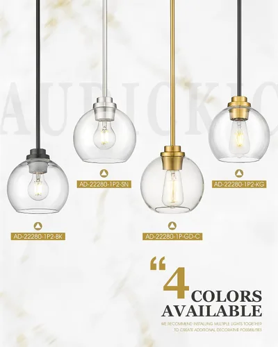 Vista 6 de Luces Colgantes para Isla de Cocina, 7" Luminarias Colgantes Negras y Doradas con Pantalla de Globo de Vidrio Transparente, Iluminación Moderna